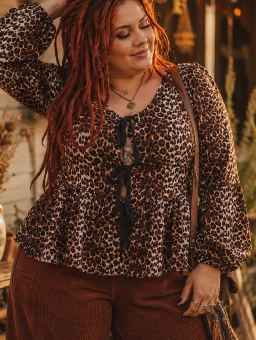 4/$15 Leopard Print Tie-Front Top Plus Size 4xl Layers Shirt Long Sleeve Curve